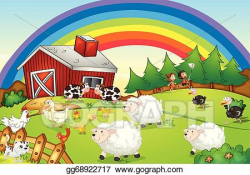 Vector Clipart - A farm with many animals and a rainbow in ...