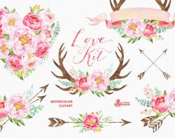 Love Kit. Watercolor Clipart, peonies, arrows, antlers, he ...