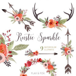 Rustic Sparkle Watercolor Bouquets, Wreath, Antlers, Arrows hand painted  clipart, floral wedding invite, greeting card, diy