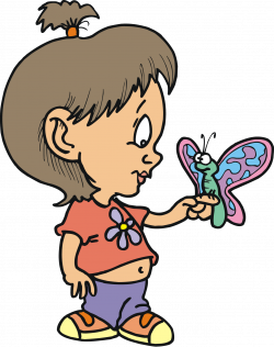 Free baby girl cartoon character with butterfly on her finger vector ...