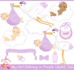 Baby Girl Stork Delivery in Purple Clipart Set