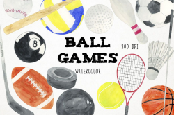 Watercolor Ball Games Clipart, Sports Clipart, Sports PNG