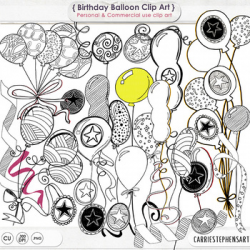 Happy Birthday Balloon Line Art, Doodle Celebration Clip Art, Stars