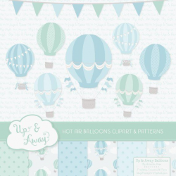 Blue & Mint Hot Air Balloons Clipart with Digital Papers ...