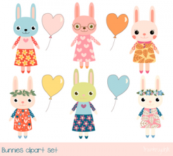 Cute bunny clipart, Baby girl bunny clip art, Easter rabbit, Heart shape  balloon