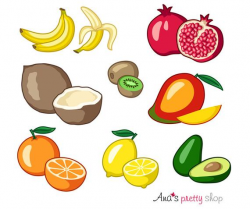 Tropical fruits clipart, banana, coconut, kiwi fruit, orange clipart,  lemon, avocado, mango, pomegranate, exotic fruits vector illustration