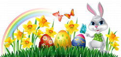 Easter Bunny with Daffodils Eggs and Grass Decor PNG Clipart Picture ...