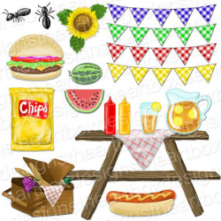 Picnic Clipart, Summer Picnic Food Clipart, Gingham Bunting ...