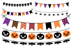 Halloween bunting clipart Orange purple flags banner skulls
