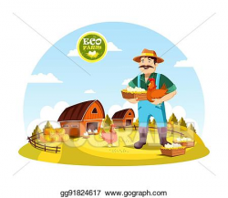 Vector Clipart - Cartoon farmer man holding eggs and hen ...