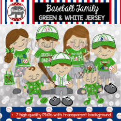 Baseball Family Clipart - Green & White Jersey - Brown Hair Dad, Mom, Player