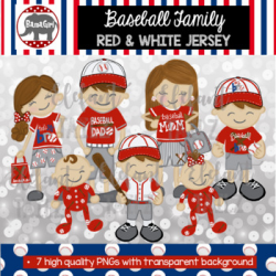 Baseball Family Clipart - Red & White Jersey - Brown Hair Dad, Mom, Player