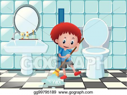Vector Clipart - Little boy cleaning bathroom floor. Vector ...