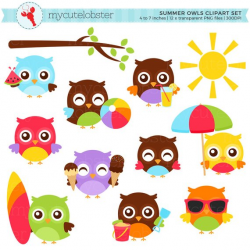 Summer Owls Clipart Set - clip art set of cute owls, ice ...