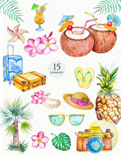 Watercolor tropical paradise clipart summer travel ...