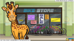 A Cute Looking Giraffe and Exterior Of A Bike Shop Background