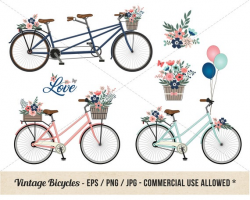 Vintage Bicycle Clipart - Bike Floral Clipart - Commercial Use - Detailed  Retro Bicycles and Flowers - Picnic Basket, Love, Wedding