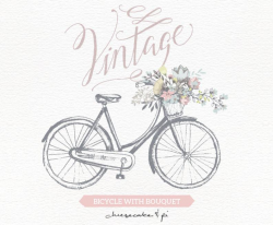 Vintage bicycle with floral bouquet clipart / Wedding invitation clip art  graphics / commercial use / rustic / CM0062a