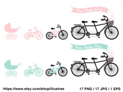 Baby shower, new baby boy or girl with tandem family bicycle, children's  bike, stroller, buggy, teal, pink, clip art, EPS, SVG, download