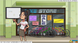 A Woman Holding A Blank Signboard and Exterior Of A Bike Shop Background