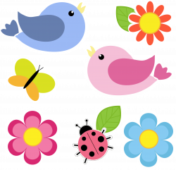 Clipart - Birds Butterfly Ladybug And Flowers No Background
