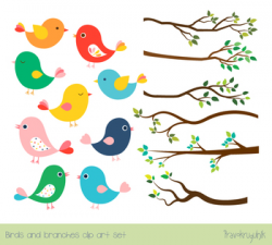 Cute color birds clipart set, Tree branches with green leaves, spring,  summer