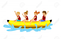 Kids children riding banana boat. summer beach time fun ...