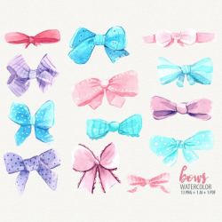 Watercolor bow, bow clip art, pink aqua bows, watercolor clip art, vector  bow