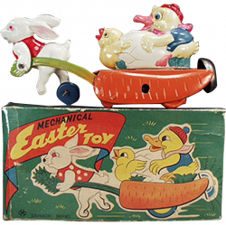 This colorful, vintage, tin and celluloid windup toy comes with its ...