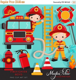 Firefighter Boys Clipart. Cute fireman, fire truck, hose ...