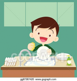 Vector Stock - Cute boy doing dishes. Clipart Illustration ...