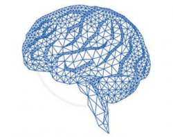 Blue human brain with abstract geometric pattern, digital ...