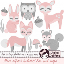 Baby Woodland Animal Clipart, Girl, Baby Clip Art, Pink Bunny, Deer & Fox