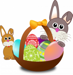 Clipart - Funny bunny face with Easter eggs in a basket with baby rabbit