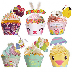 Easter Cupcake Wrappers Toppers Liners Decorations Kit Bunny Paper Baking  Party Supplies 48Pcs Easter Rabbit Egg Themed