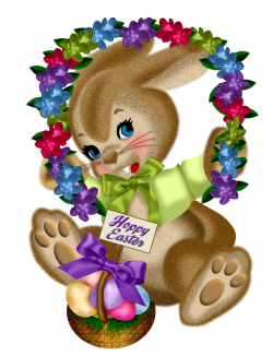 Happy Easter Bunny with Floral Wreath Transparent PNG Clipart ...