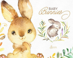 Winter Bunnies. Watercolor holiday clipart, rabbit, red ...