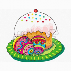 Sprinkled Cupcake on a Plate with Two Beautiful Easter Eggs clipart.  Royalty-free clipart # 144271