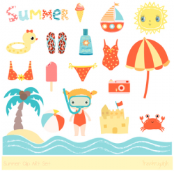 Cute summer clipart, Beach holiday clipart, vacation, sun, camera,  sandcastle