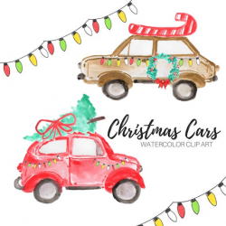 Watercolor christmas cars clipart, holiday graphics, christmas tree decor  graphics, commercial use