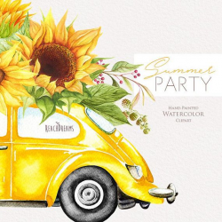 Watercolor Yellow VW Beetle, summer clipart, sunflowers ...