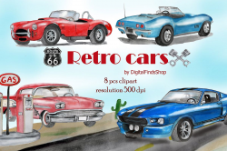 Car clipart, vehicle watercolor clipart with vintage cars