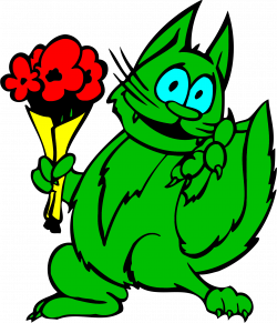 Clipart - Green Cat With Flowers