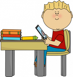Boy Sitting at School Desk with a Tablet Clip Art - Boy ...