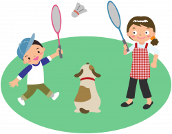 Clipart - Mother plays badminton with son and dog