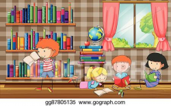 Vector Art - Kids reading books in the library. Clipart ...