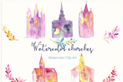 Churches. Watercolor Clip Art.