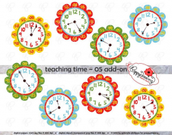 Teaching Time 05 ADD-ON Clipart: Digital Clip Art Pack (300 dpi) School  Teacher Clip Art Clocks Colors Kindergarten Pre-K