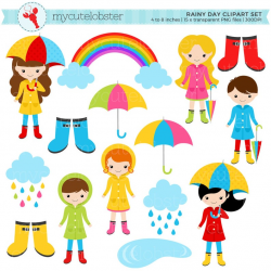 Rainy Day Character Clipart Set - clip art set of rain, clouds, umbrellas,  rainy day - personal use, small commercial use, instant download