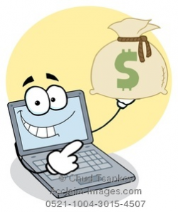 Clipart Image of A Grinning Laptop Computer With a Bag of Money